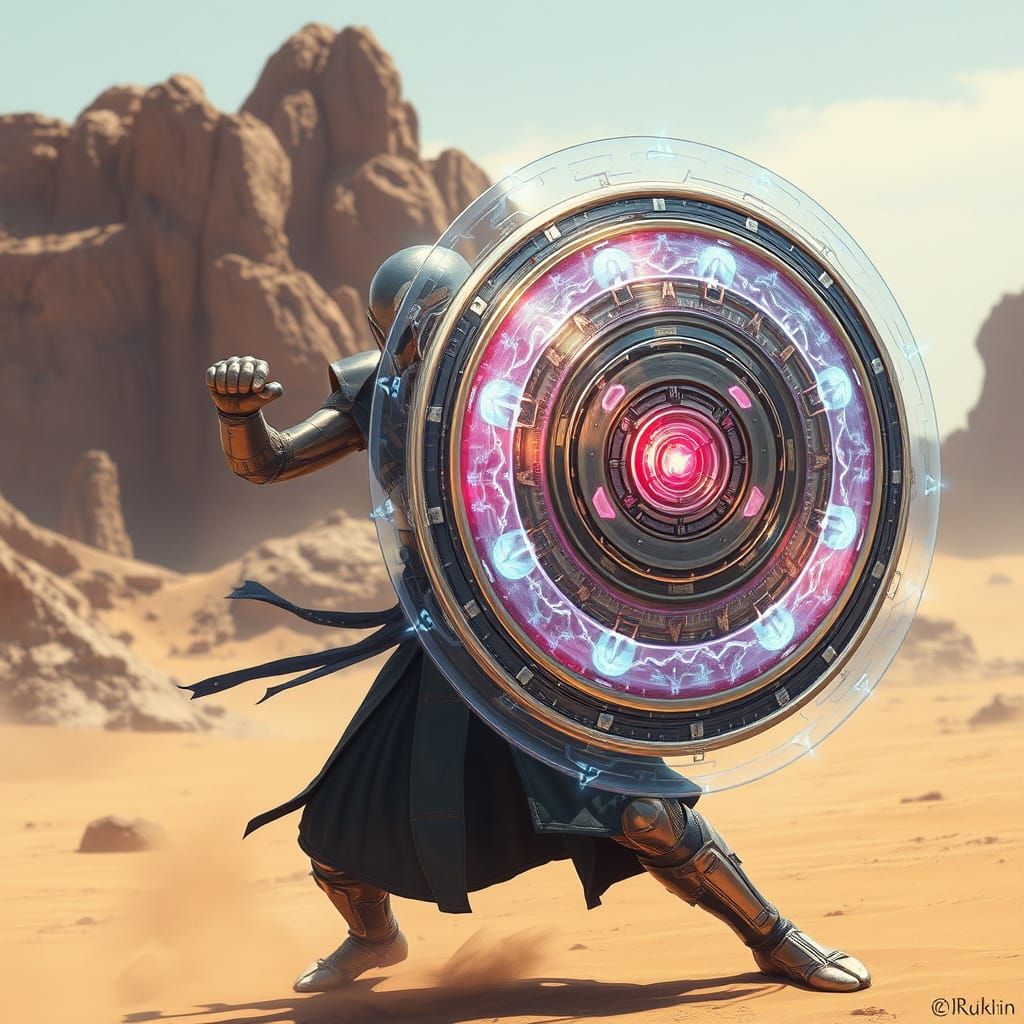 Cyberpunk Warrior in Energy Shield