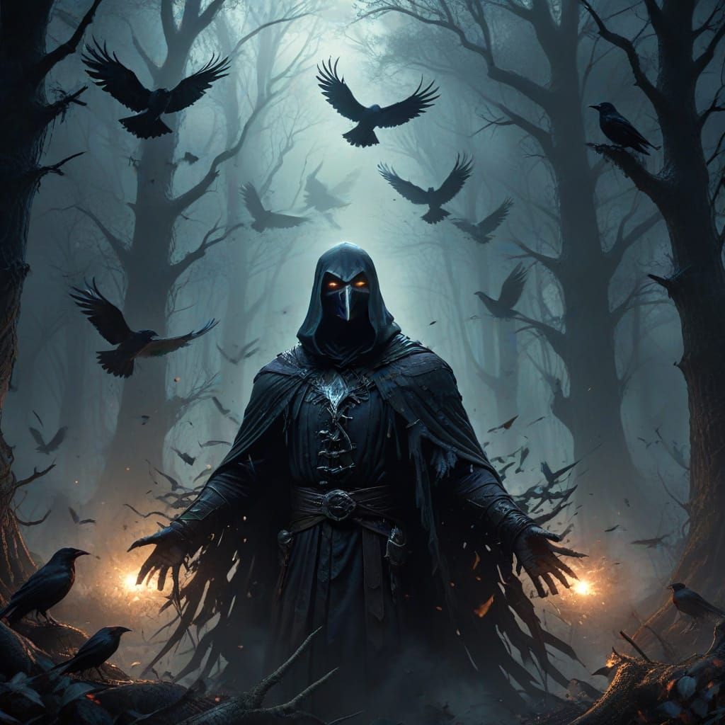 Dark Fantasy Crows Conquer Sorcerer in Mysterious Forest