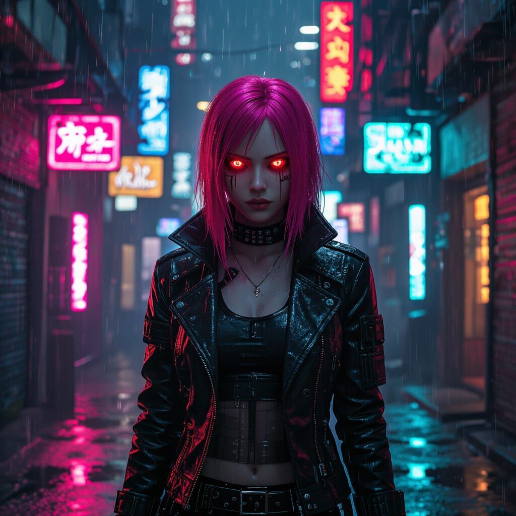 Cyberpunk Girl in Neon Alleyway with Pink Hair