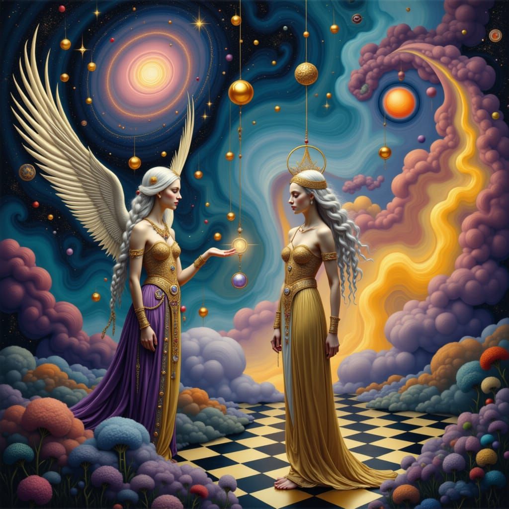 Chrome Chessboard Galaxy Encounter in Folk Art Nouveau Style