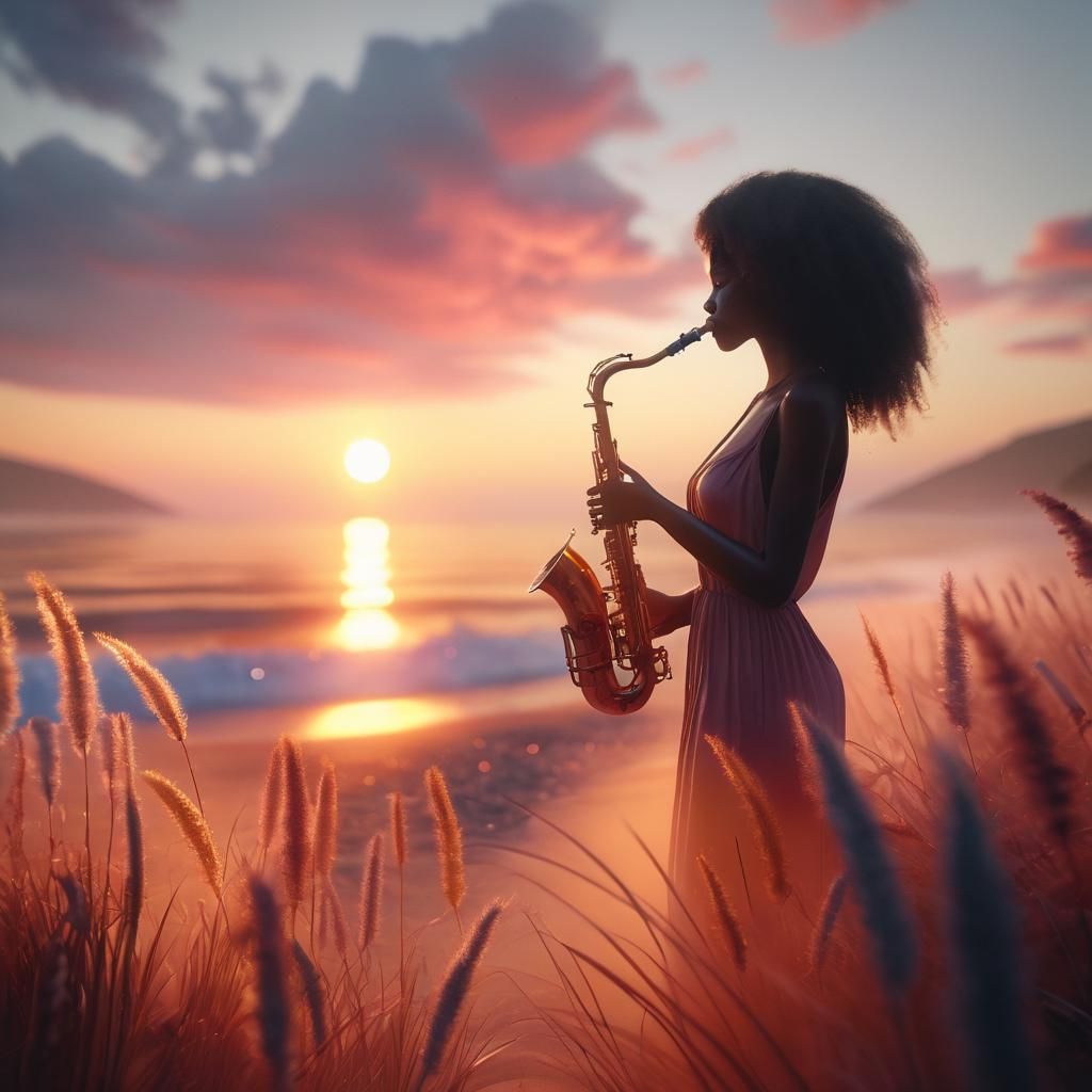 Warm analog photography. Medium shot. A person playing a saxophone on a beach at sunset. Wide angle lens. Soft focus, wa...