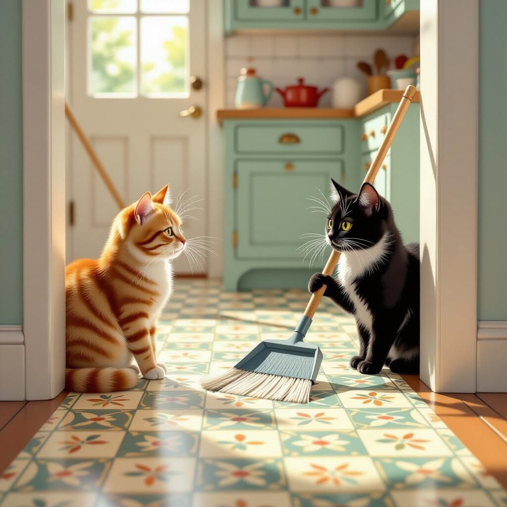 Whimsical Cats Watch Broom Sweep Kitchen Floor