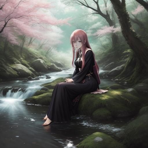 Girl by Stream in Anime Key Visual Style