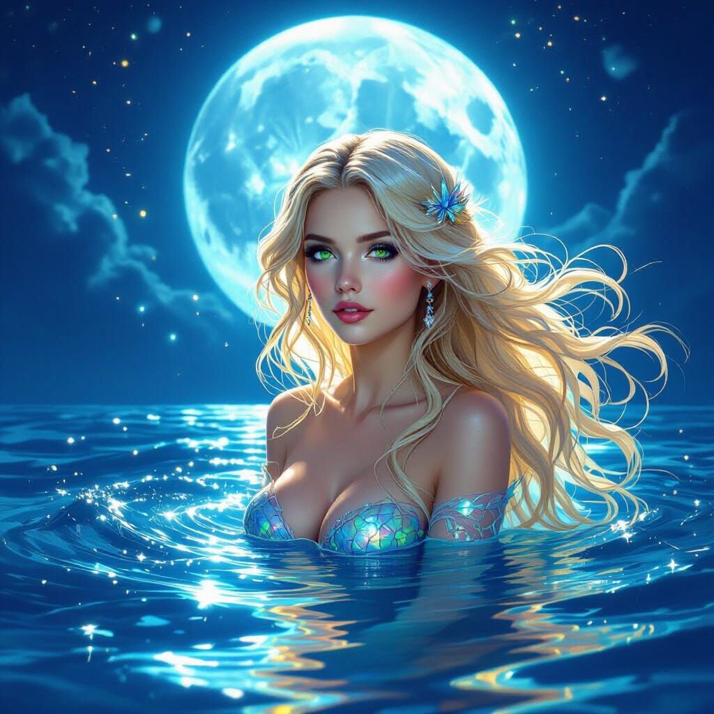 Mermaid Under Blue Moon in Ocean