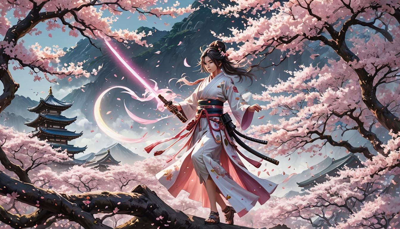 Rainbow Cherry Blossom Samurai: 3D Anime Concept