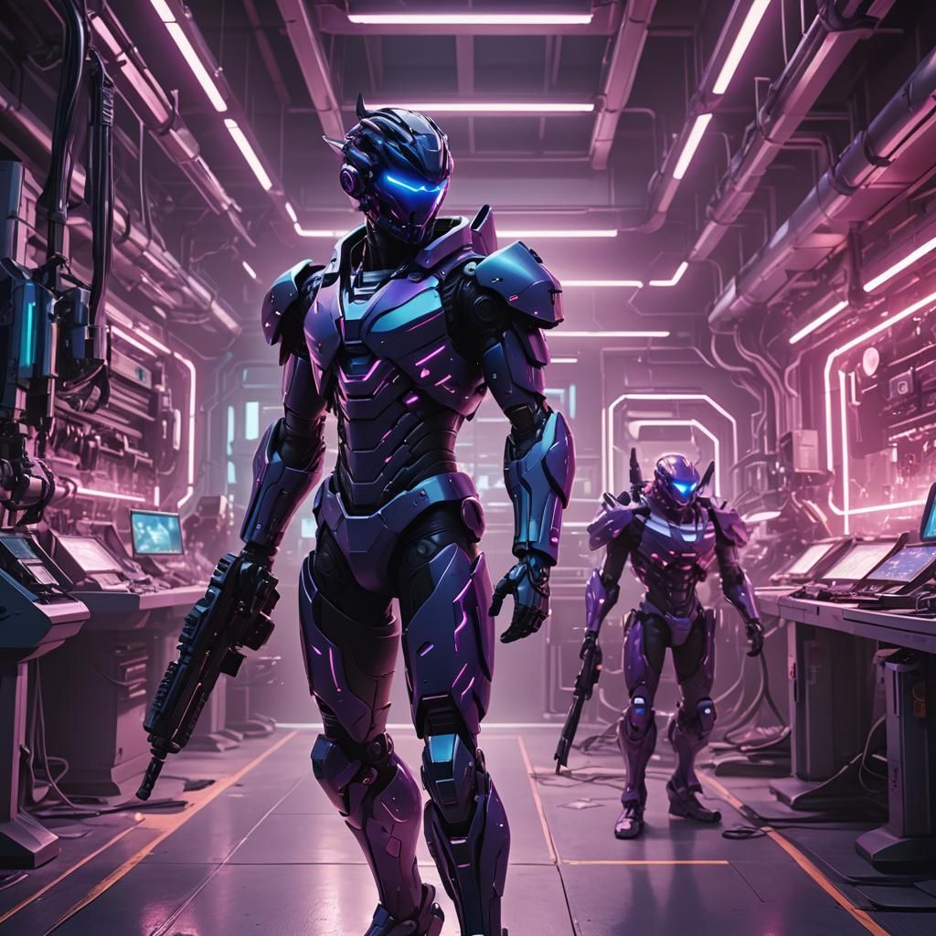 Anime Boy with Cybernetic Weapons in High-Tech Lab