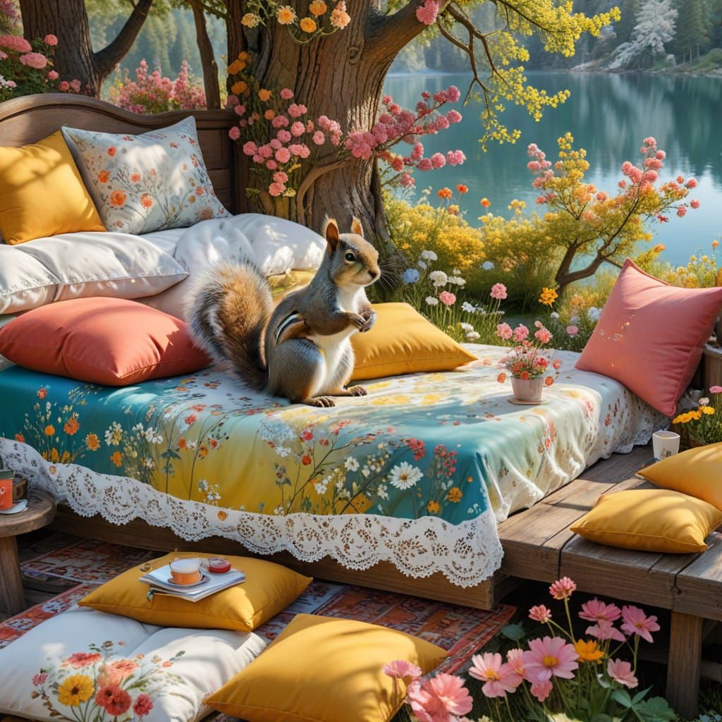 Ethereal Squirrel in a Vibrant Floral Oasis