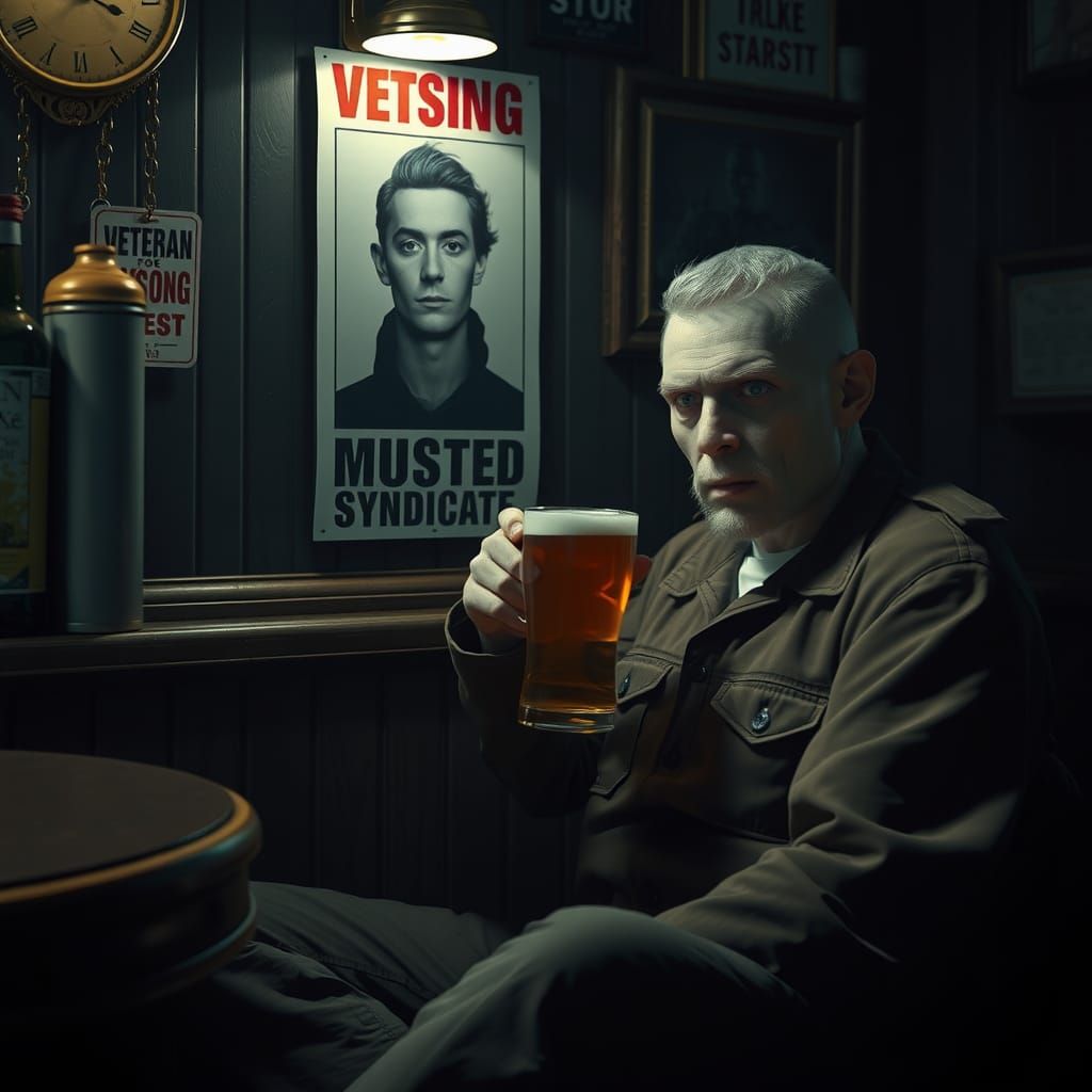 Mutant Veteran in Dimly Lit Bar, Cinematic Still