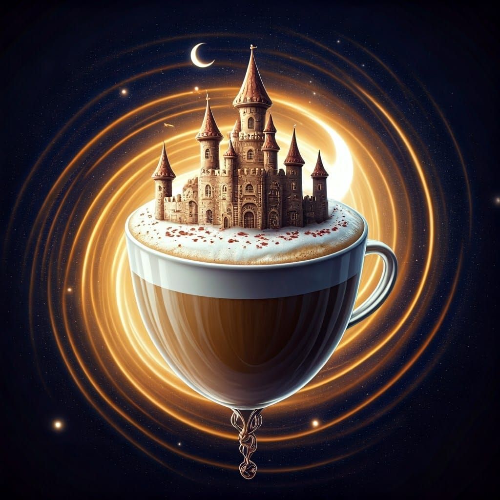 Steampunk Latte Castle Floating in Coffee Galaxy