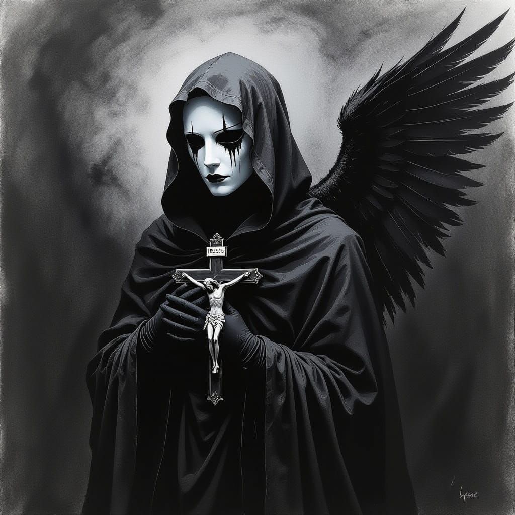 Monochromatic Charcoal Drawing of Androgynous Figure with Wi...