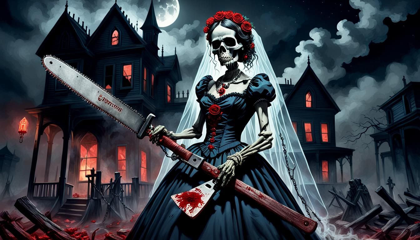 Terrifying Skeletal Bride with Chainsaw in Eerie Night