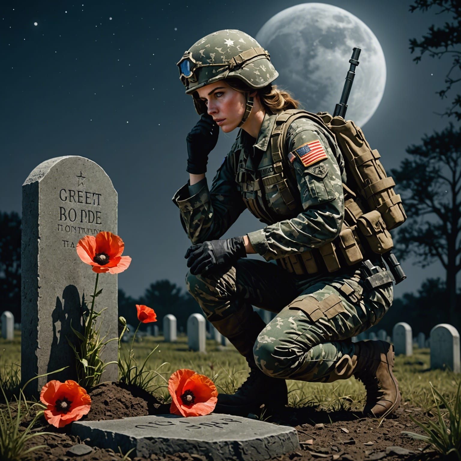 Memorial: Soldier at Grave Under Starry Sky