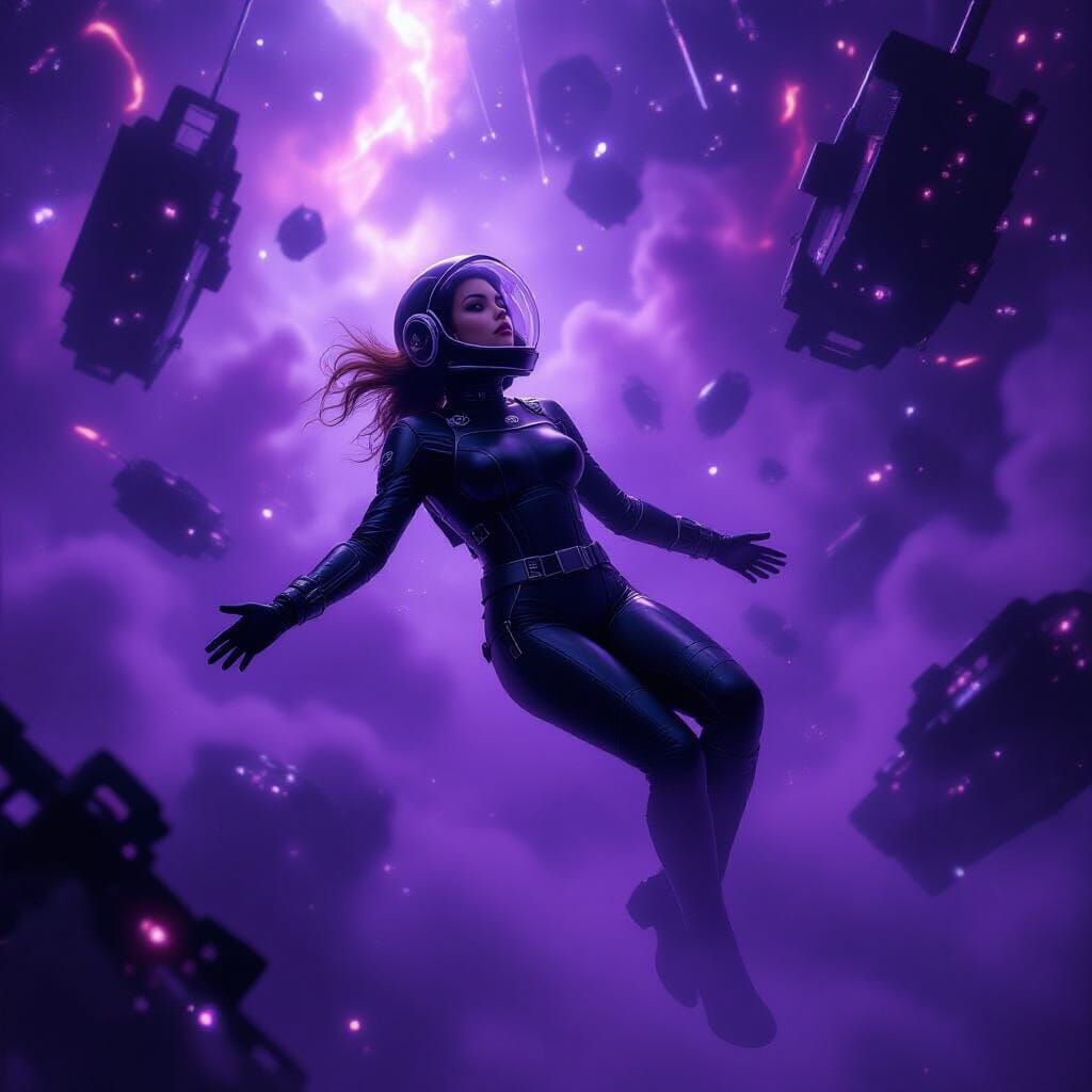 Woman in Spacesuit Amidst Amethyst Nebula