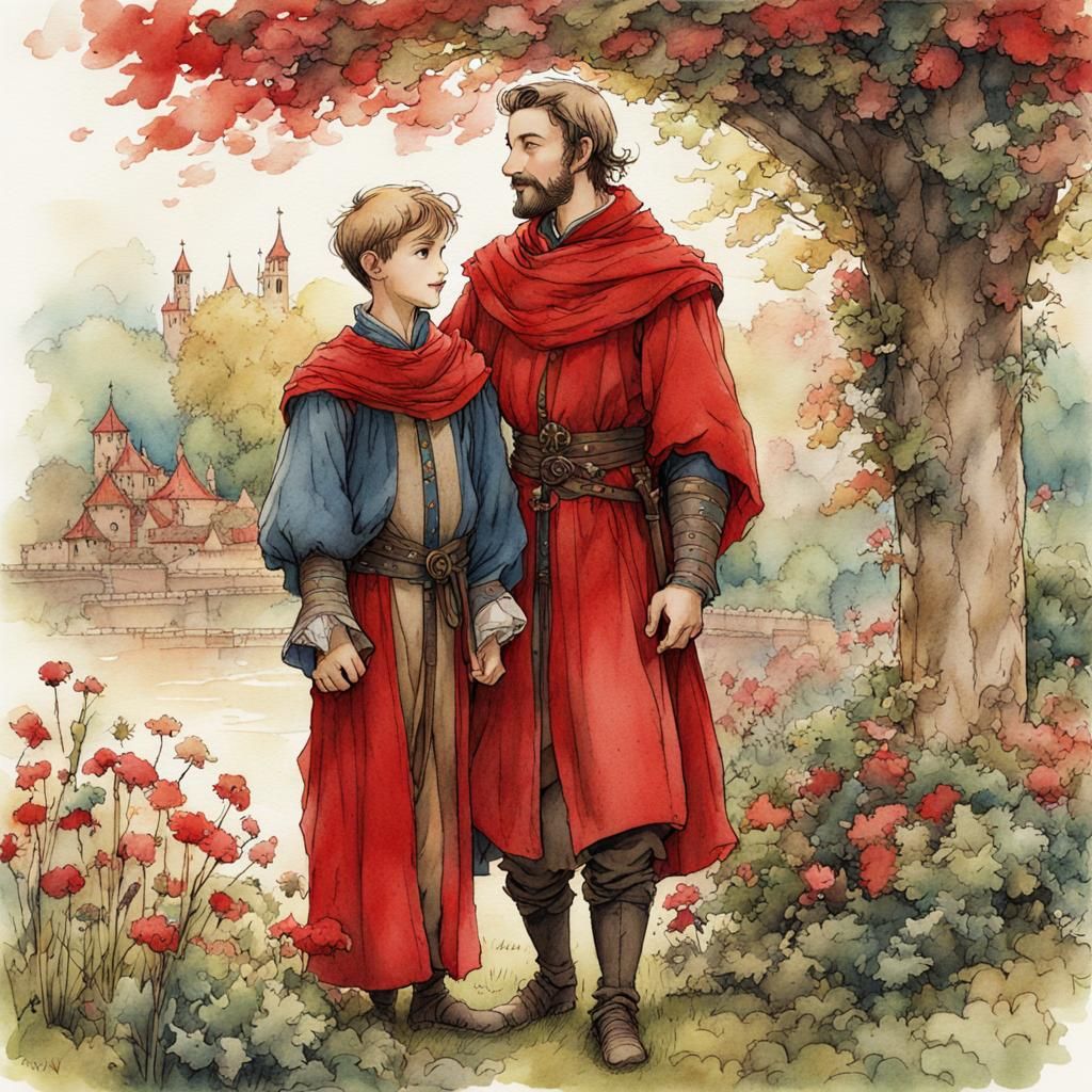 Cheerful Father and Son in Garden, Arthur Rackham Style