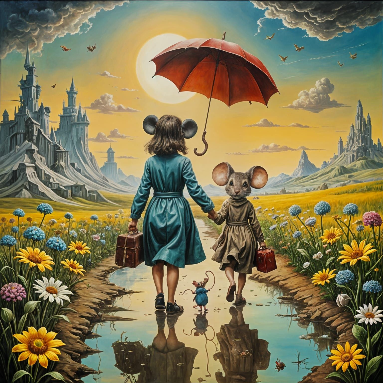 Girl and Mouse in Surreal Landscape, Dali Style