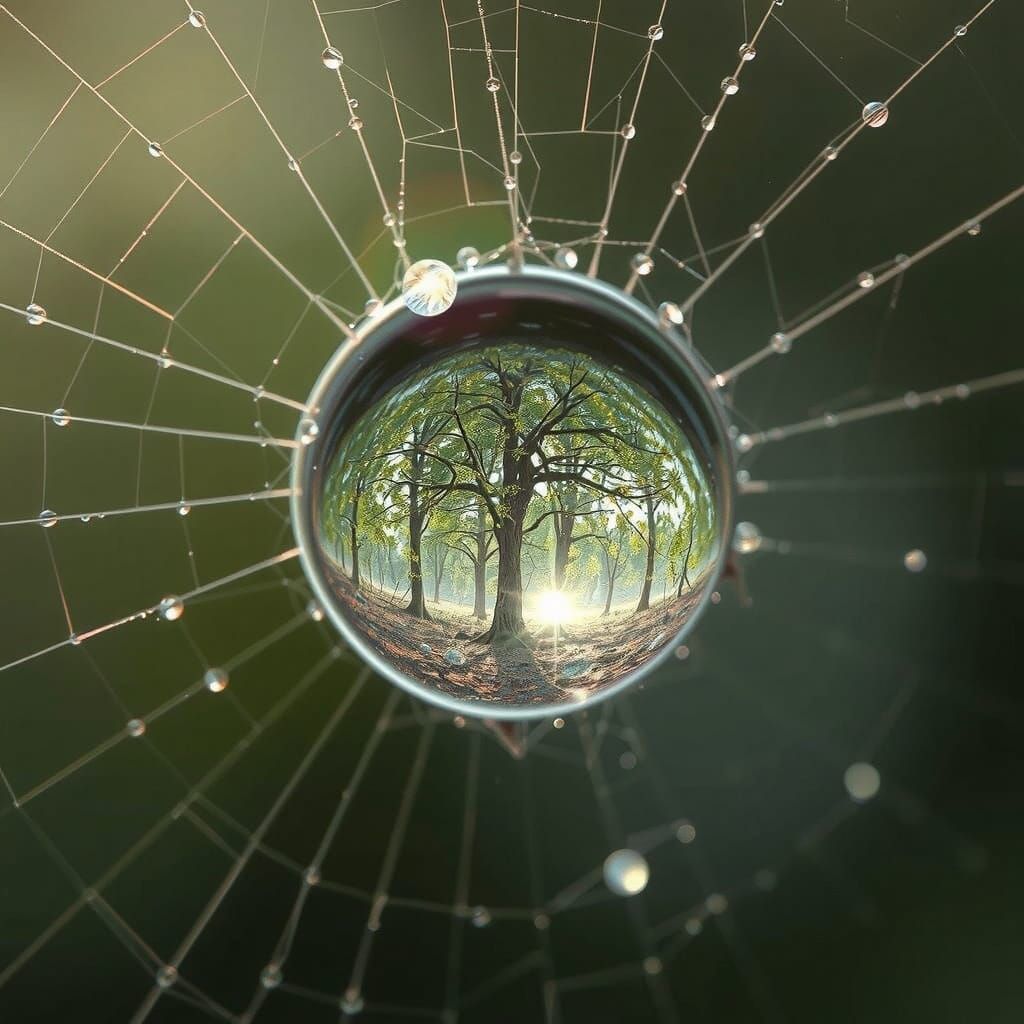 Dewdrop Reflecting Forest: A Hyperrealistic Macro Photograph