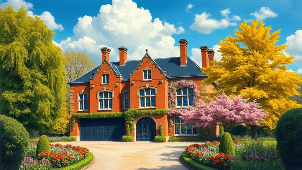 Elegant Chateau with Vibrant Garden in Painterly Style