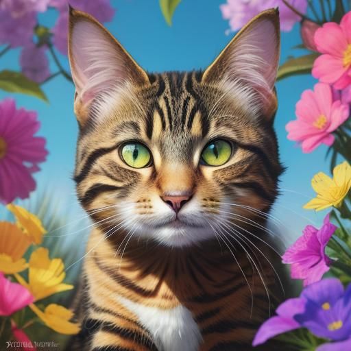 Tabby Cat Playing in Sun-Drenched Flowers