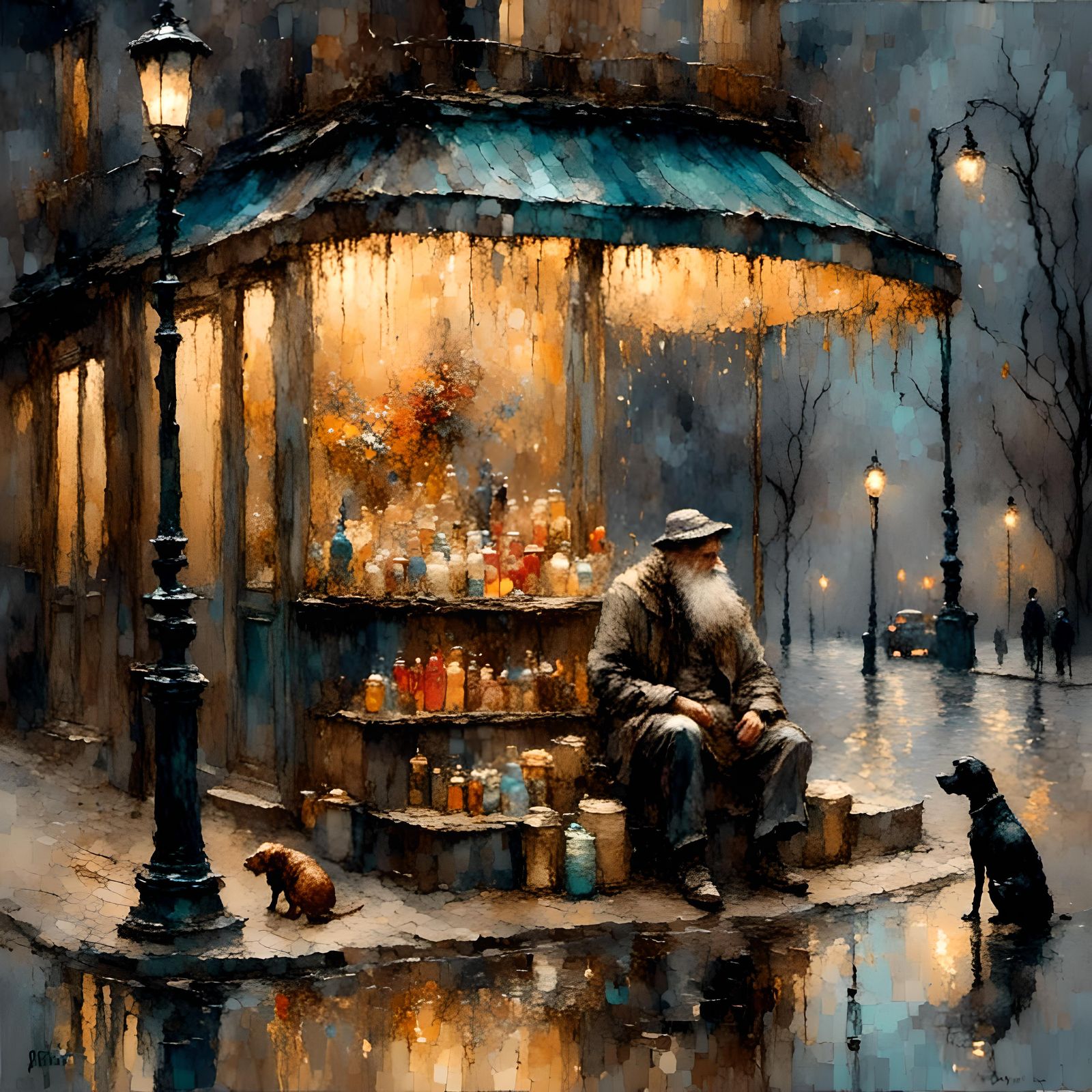 Homeless Man and Dog: Neo-Impressionist Oil Painting