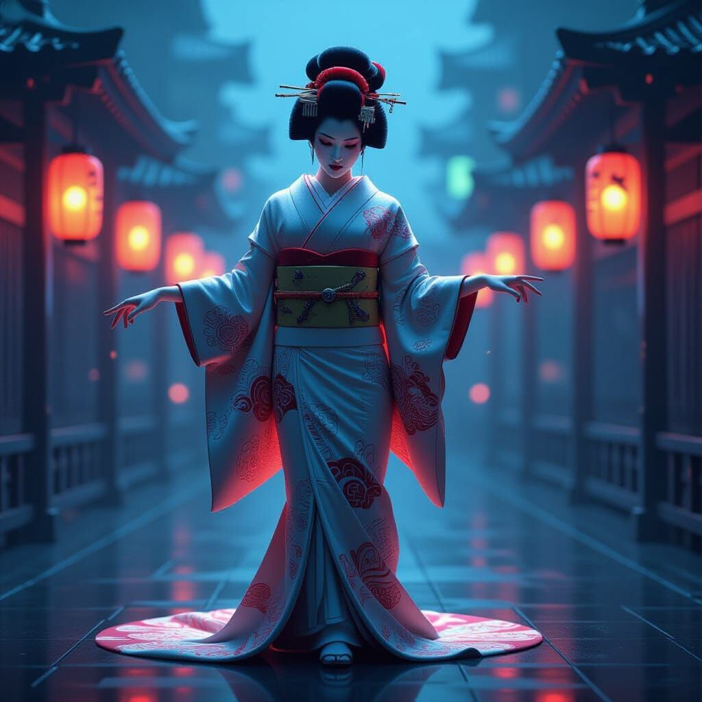 Android Geisha Dance in Cyberpunk Cityscape