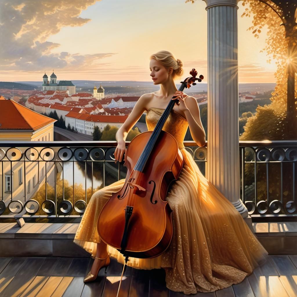 Woman Plays Cello at Sunset in Sargent Style