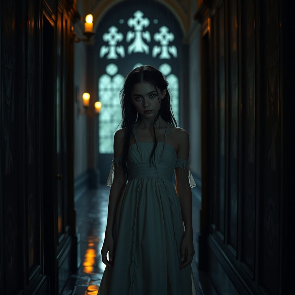 Eerie Girl in Castle Hallway: Photorealistic Atmospheric Por...