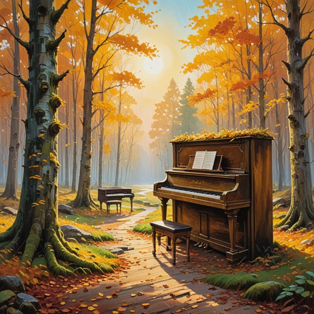 Piano in Autumn Forest: Oil Painting with Golden Light