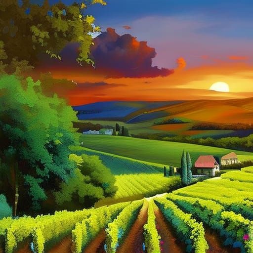Vineyard Painting with Winery in Impressionistic Style