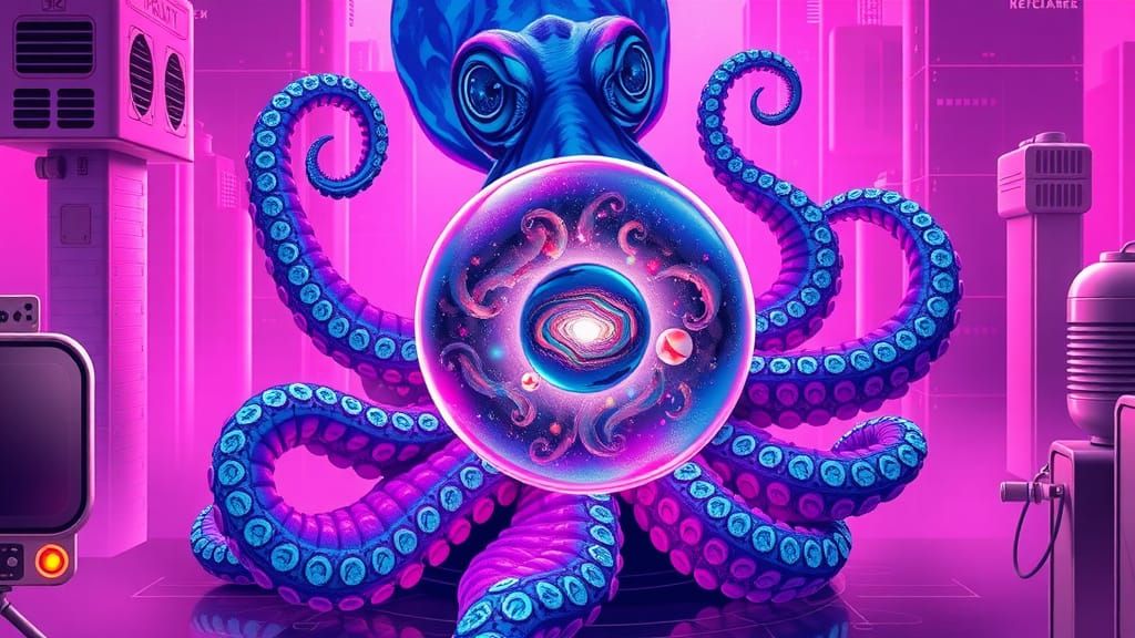 Octopus Holding Universe Orb in Cyberpunk Cityscape