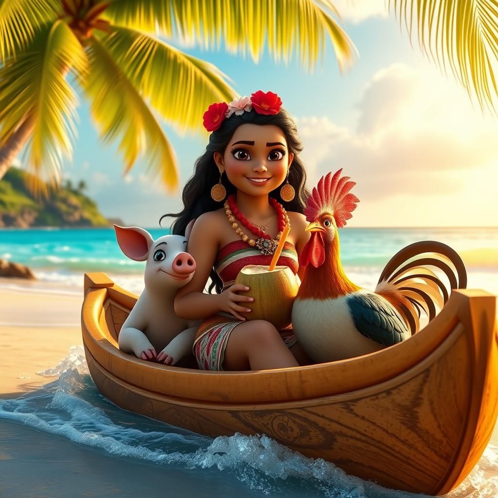 Photorealistic Princess Moana sitting in a small boat, insid...