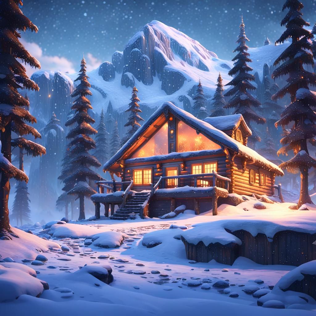 Snowy Cabin in Majestic Mountain Landscape