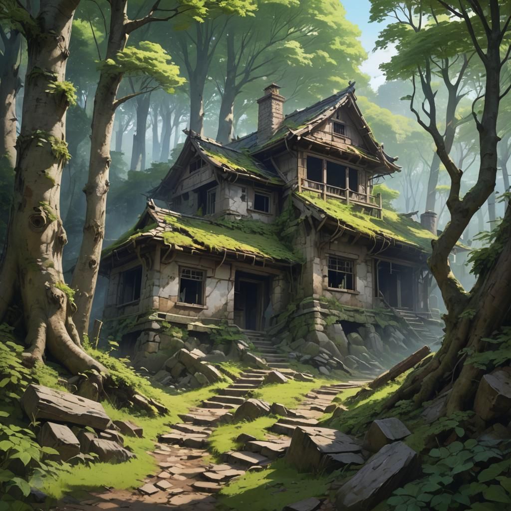 Ruined House in Beech Forest: 3D Anime Art