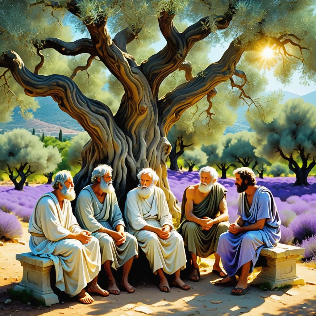 Ancient Greek Philosophers Contemplate in Olive Grove