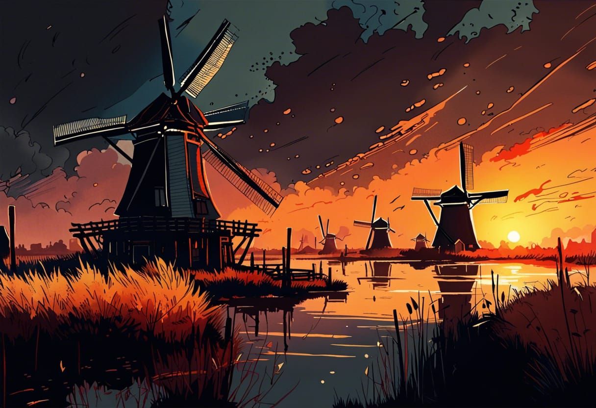 Amsterdam Windmills at Sunset: Detailed Ink Drawing