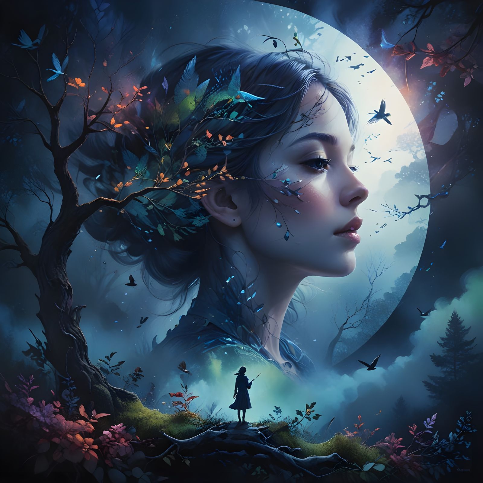 Dreamy Landscape Double Exposure Portrait with Singing Bird