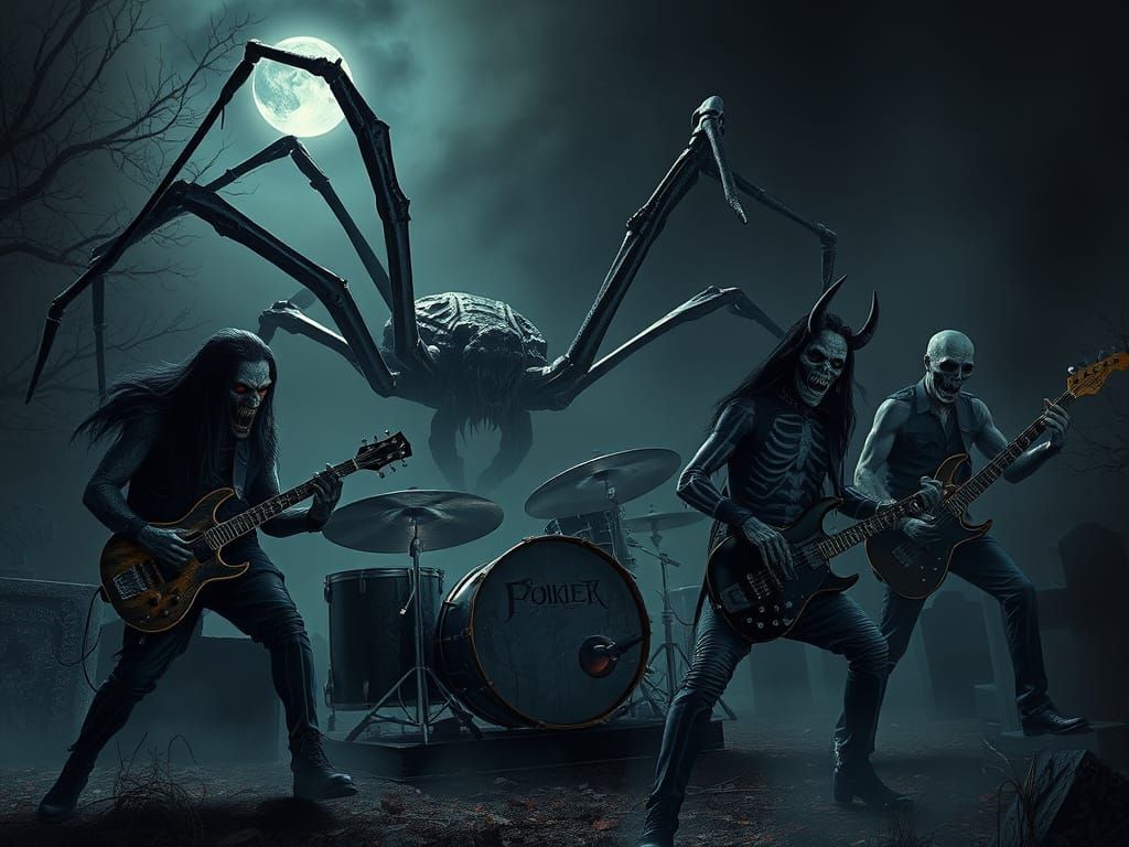 Monster Metal Band Gigs in Graveyard, Dark Surrealism Style