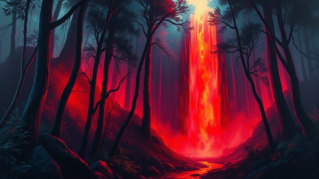 Mystical Forest Revealed by Fiery Waterfall in Vibrant Oil P...