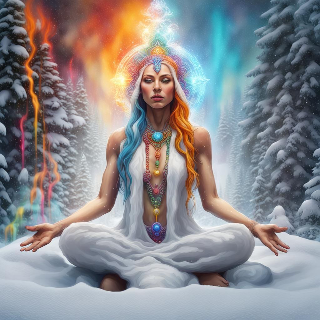 Chakra Goddess Meditating in Colorful Snowscape