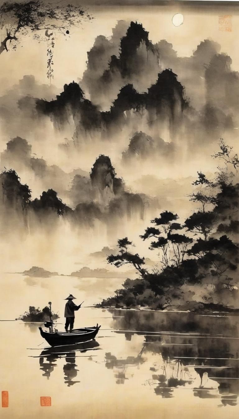 Chinese Ink Painting: Fishing Under Moonlight