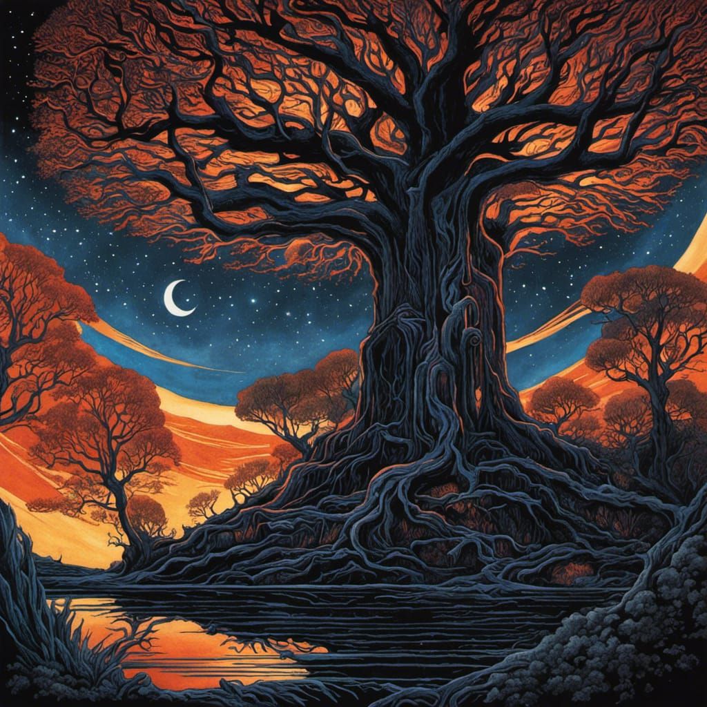 Art Deco Trees at Twilight with Gouache Lighting