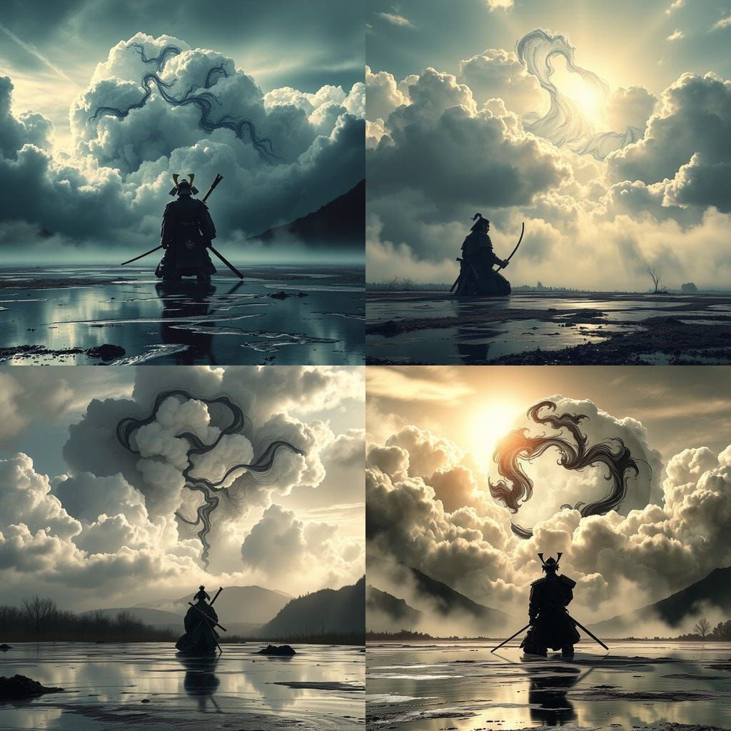 Samurai in Ethereal Ink Clouds, Sumi-e Style