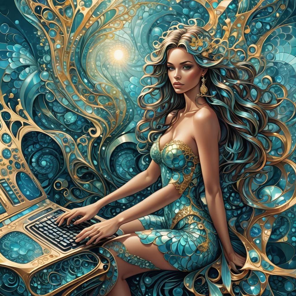 Mermaid Model at Futuristic Computer in Abstract Style