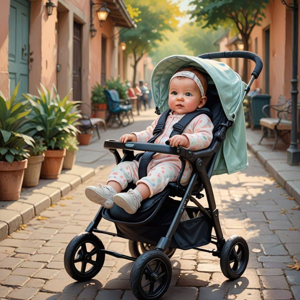 Baby in Stroller: Whimsical Digital Pastel Painting