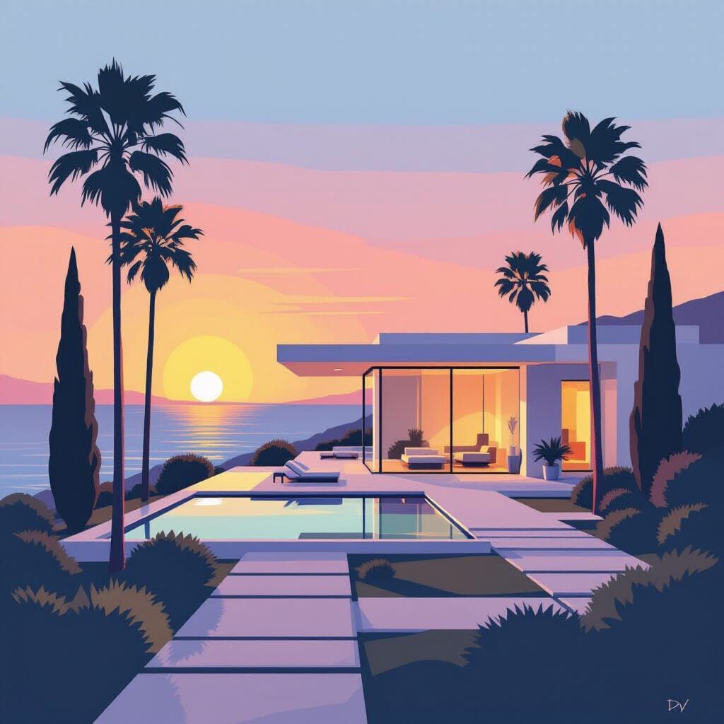 Minimalist House Overlooking Ocean at Sunset, Mid-Century Mo...