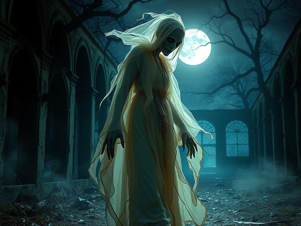 Ethereal Wraith Amidst Moonlit Ruins