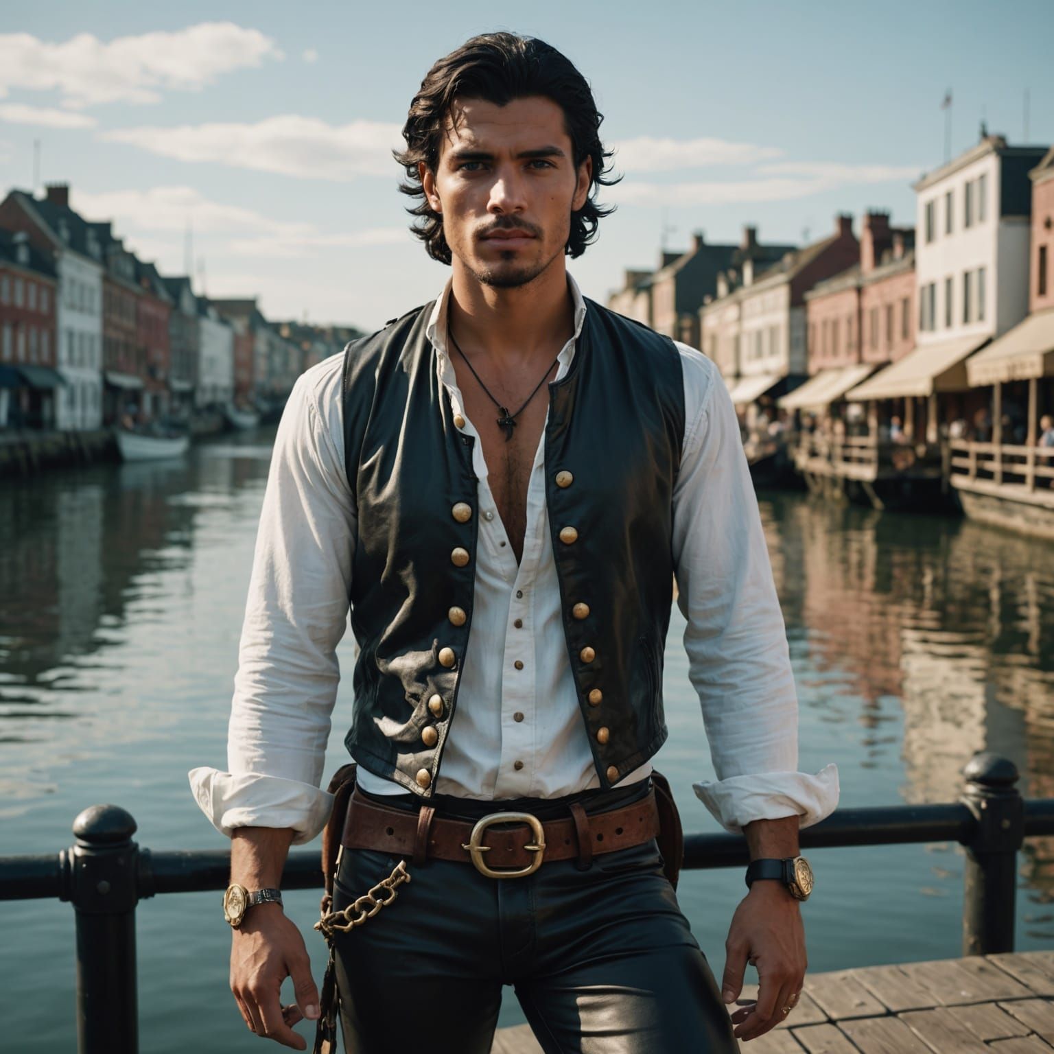 Handsome Pirate in Waterfront Town: Cinematic Film Still
