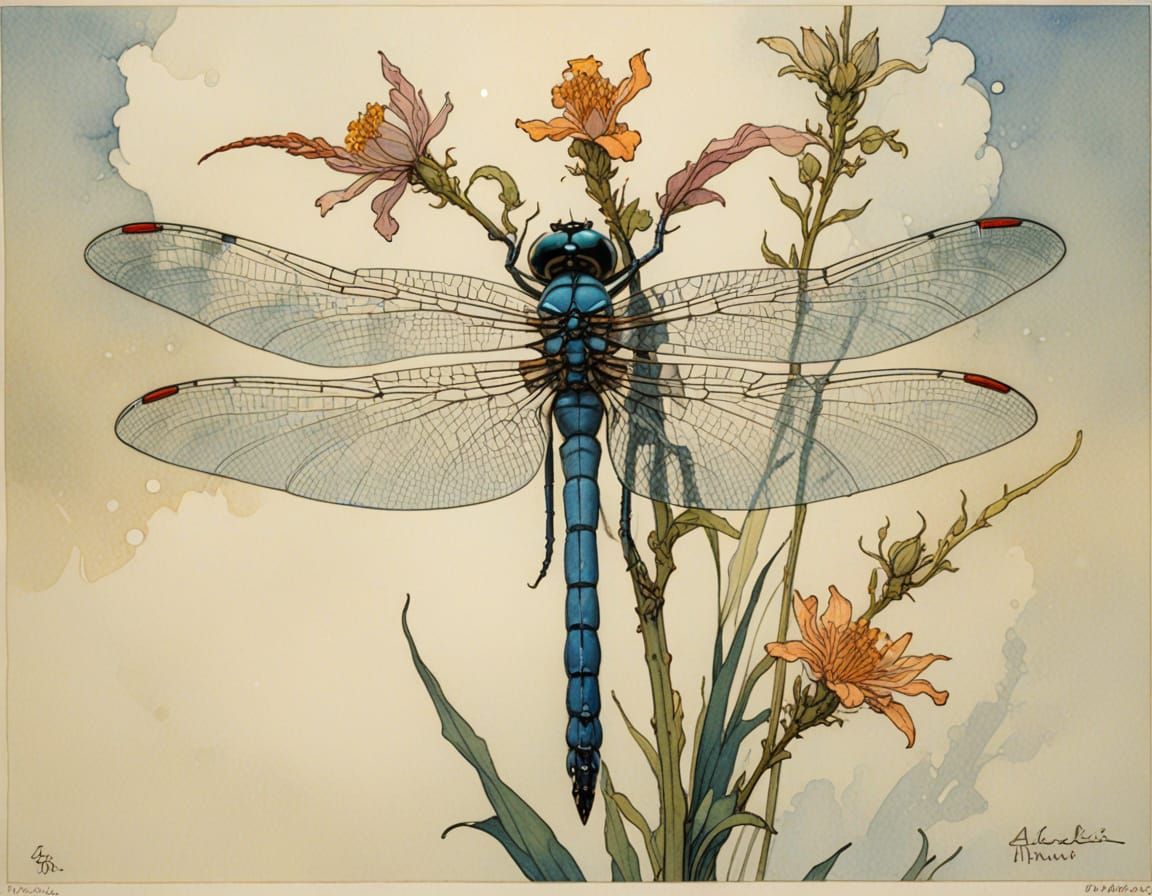 Indigo Dragonfly on Exotic Plants in Watercolor Style