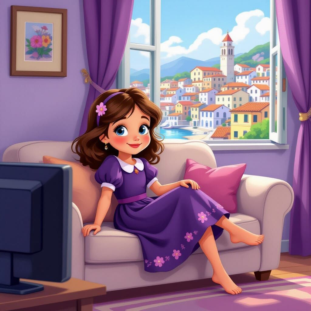 Italian Girl Relaxing on Couch in 1980s Living Room