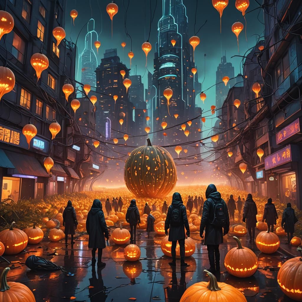 Killer Gourds Attack a Cyberpunk City