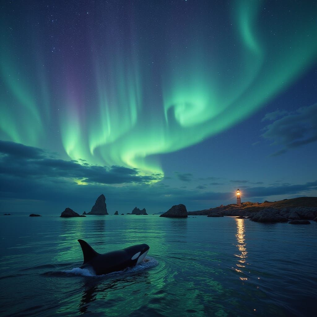 Aurora Borealis Over Ocean With Orca and Lighthouse